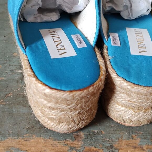 NWOT Venezia Silk Espadrilles Wedge Heel NOS Size 8 Striking Blue Handmade Y2K - Picture 9 of 13